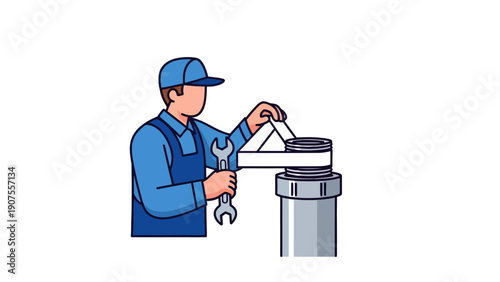 Plumber applying tape to a pipe fitting while holding a wrench