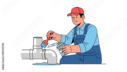 Plumber applies adhesive to white PVC pipe fittings using a red brush