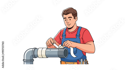Plumber applying white tape to threaded pipe fitting