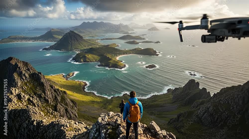 custom made wallpaper toronto digitalScenic mountain landscape with hikers overlooking a coastal bay and dramatic sky.