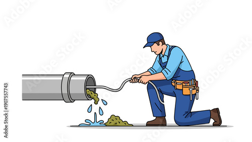 Plumber clearing a clogged pipe with a drain snake debris spills out