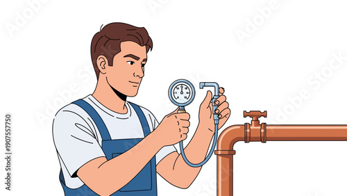 Plumber checking water pressure on copper pipes with a gauge
