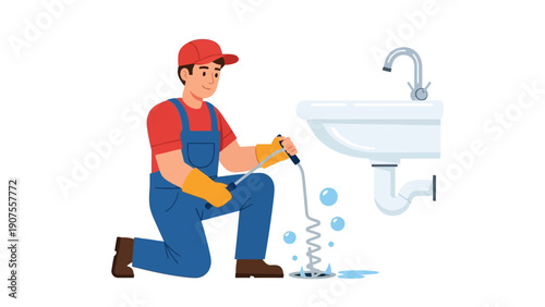 Plumber clearing a clogged sink drain with a manual auger
