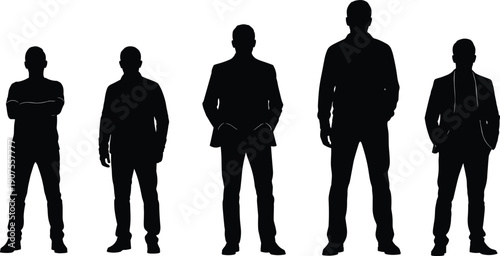 Collection of Five Detailed Black Silhouettes Featuring Men in Various Professional Business Suits and Casual Attire Standing for Corporate Graphic Design Projects