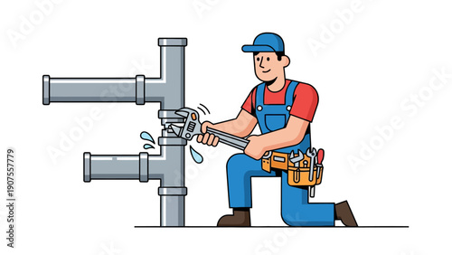 Plumber fixing a leaking pipe connection with a wrench