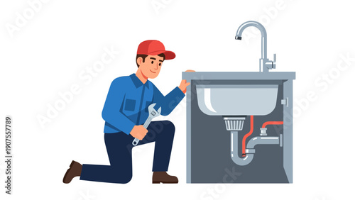 Plumber fixing a kitchen sinks exposed plumbing below the basin