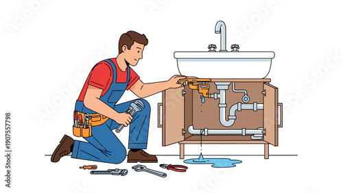Plumber fixing a leaky sink drain under a vanity cabinet