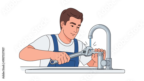Plumber in overalls fixing a dripping kitchen faucet with an adjustable wrench