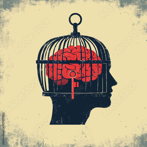 Human head with brain in cage concept, lock and key conceptual symbol as mindfulness, awareness and consciousness metaphor , vector style simple color