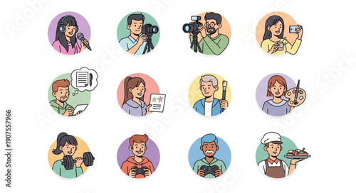 Diverse Group of Professionals Poses in Circular Icons.