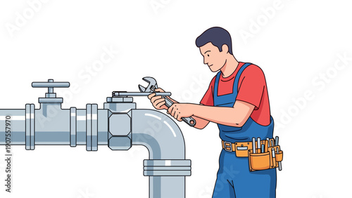 Plumber in overalls using a wrench on large metal pipework and valve