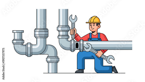 Plumber in overalls wearing a hardhat repairing a pipe connection with two wrenches