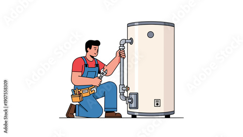 Plumber kneeling next to a large water heater adjusting a pipe connection with a wrench