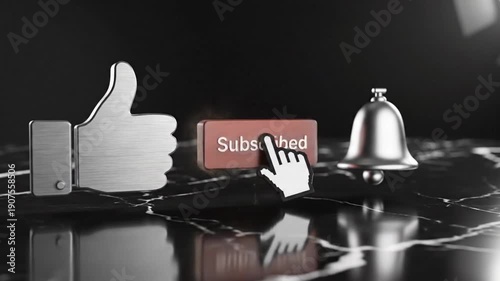 Close-up shot of a hand cursor clicking a subscribed button next to a thumbs up icon and service bell on a reflective surface with a dark background.