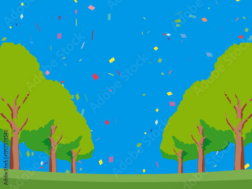 木、自然、秋、風景、背景、イラスト、樹木、植物、黄色、森、樹、