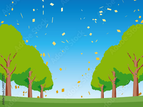 木、自然、秋、風景、背景、イラスト、樹木、植物、黄色、森、樹、