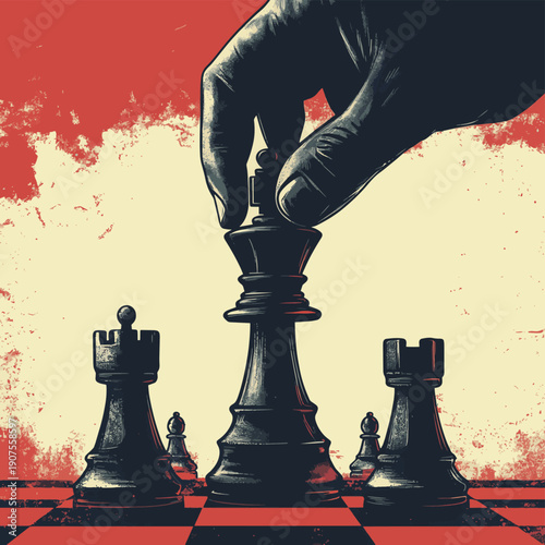 Crop powerful hand playing world chess , vector style simple color