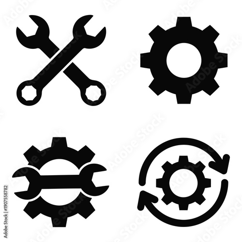 Mechanical engineering icons: crossed wrenches, gears, and gear system with wrench, representing industry and repair.