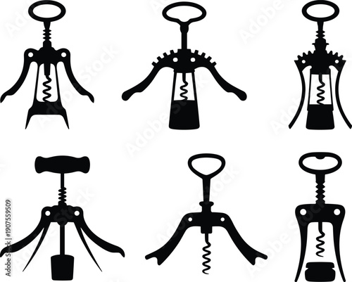 Collection of vintage corkscrew silhouettes isolated on white background, classic wine bottle opener tools vector illustration set