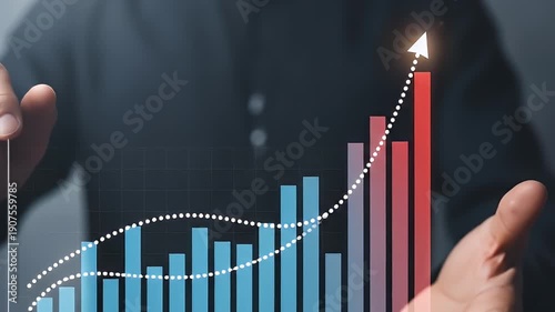 Business growth chart with upward trend and arrow showing success.