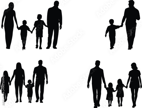 Family silhouettes collection of parents and children holding hands isolated on white background, love, parenting, unity and togetherness concept set
