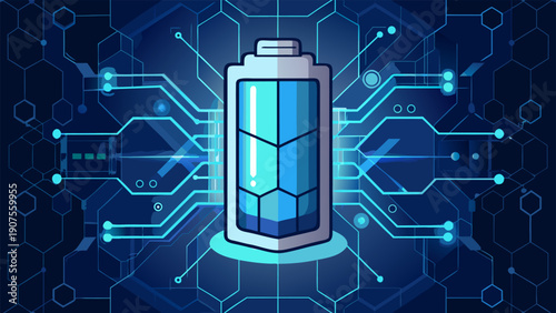 Renewable energy and eco-friendly battery power source on tech background.eps