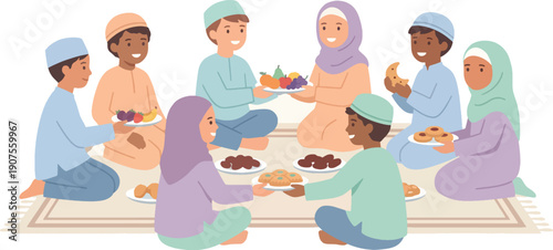 A joyful and diverse group of children from various backgrounds sharing a festive meal together, embodying unity, community, and the spirit of celebration