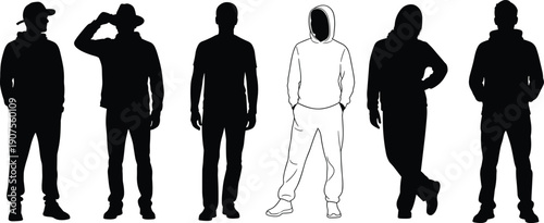 Collection of Six Detailed Black and White Silhouettes Featuring Young Men in Casual Streetwear Hoodies and Hats Standing in Various Relaxed Lifestyle Poses