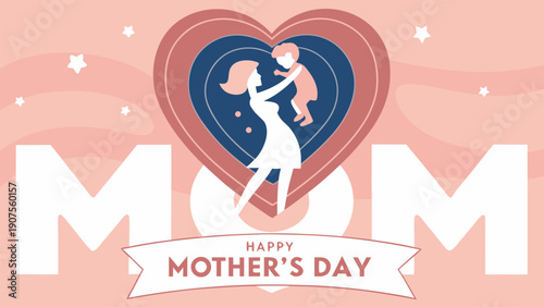 Top View of Mother's Day Card with Flowers on Pink Background.eps