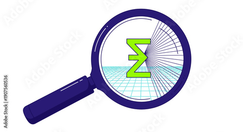 The image depicts a magnifying glass focusing on a mathematical sigma symbol over a grid, representing detailed analysis, scientific research, and data summation.