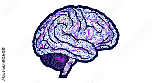 A vibrant abstract digital illustration of the human brain, intricately detailed with purple and blue dots, symbolizing complex thought, intelligence, and innovation.