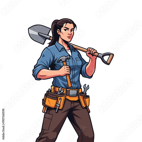 A cartoon illustration of a strong and confident woman wearing a tool belt and holding a hammer and shovel, exuding a cute and empowered mood against a clean white background.