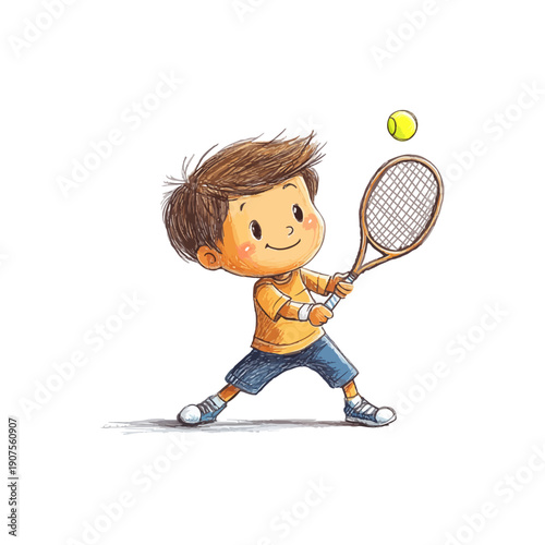 kid playing tennis hand drawn vector illustration