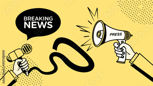 Breaking news concept design with hands holding microphones and megaphones..eps