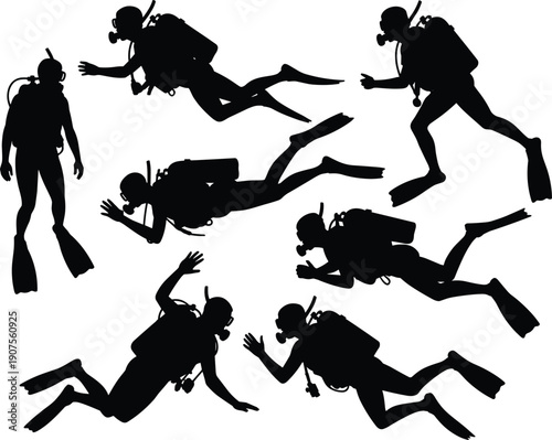 Scuba diver silhouettes set in different underwater swimming poses isolated on white background, professional diving gear and marine exploration concept