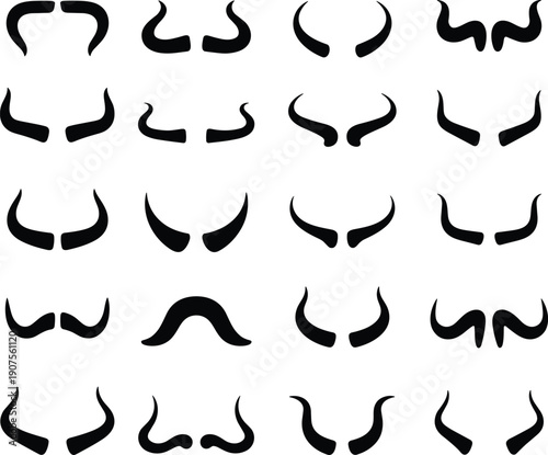 Set of black horn silhouettes collection isolated on white background, devil and animal horn shapes vector illustration design
