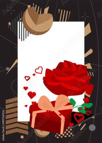 Red Heart, Gift Box and Rose geometrical graphic retro theme background. Minimal geometric elements. Vintage abstract shapes vector illustration.