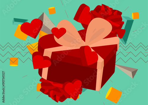 Red Heart, Gift Box and Rose geometrical graphic retro theme background. Minimal geometric elements. Vintage abstract shapes vector illustration.