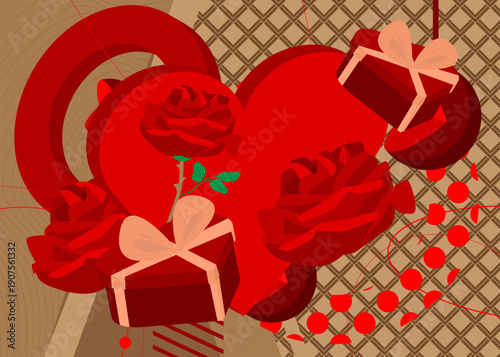 Red Heart, Gift Box and Rose geometrical graphic retro theme background. Minimal geometric elements. Vintage abstract shapes vector illustration.