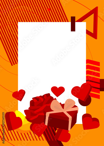 Red Heart, Gift Box and Rose geometrical graphic retro theme background. Minimal geometric elements. Vintage abstract shapes vector illustration.