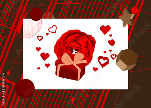 Red Heart, Gift Box and Rose geometrical graphic retro theme background. Minimal geometric elements. Vintage abstract shapes vector illustration.