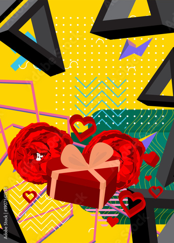 Red Heart, Gift Box and Rose geometrical graphic retro theme background. Minimal geometric elements. Vintage abstract shapes vector illustration.