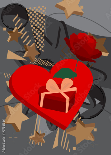 Red Heart, Gift Box and Rose geometrical graphic retro theme background. Minimal geometric elements. Vintage abstract shapes vector illustration.