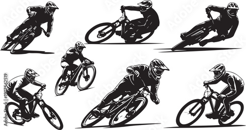 Cyclist in Motion Silhouette Illustrations of Riders on Bicycles