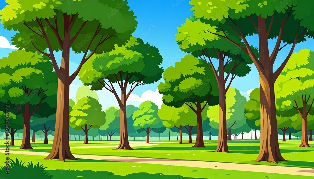 Obraz premium A vibrant, cartoonish illustration of a sunny park scene with lush green trees and a bright blue sky. A walking path runs through the grassy area