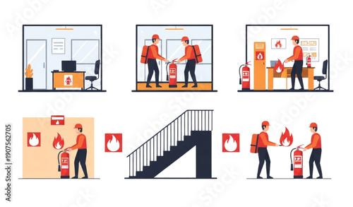 A vector graphic illustration of a fire safety training scene with a worker using a fire extinguisher in various office settings.