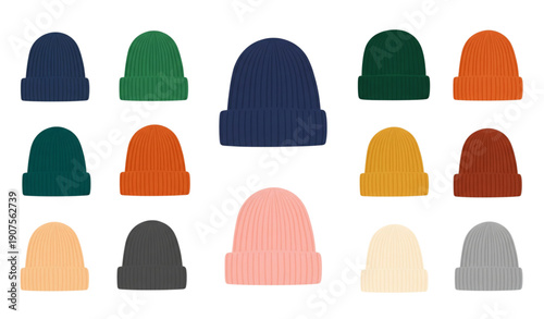 A colorful collection of knit beanies in various vibrant hues and styles