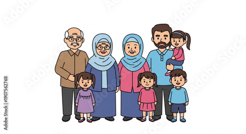 Diverse multi-generational family standing together happily.