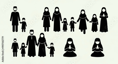 Diverse Muslim families and individuals in silhouette.