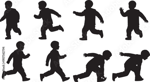 Silhouette of a child running in various dynamic poses